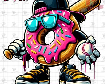 Baseball Donut PNG, Cool Donut Character with Baseball Png & Baseball Bat, Donut Cartoon Png, Dripping Icing Donut, Donut Clip Art, 2 Png