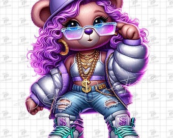 Orsacchiotto di peluche femmina hip hop con graffiti - Download digitale PNG, Orsacchiotto gangster viola PNG, Ragazza orsacchiotto streetwear PNG, Orsacchiotto ragazza cool PNG