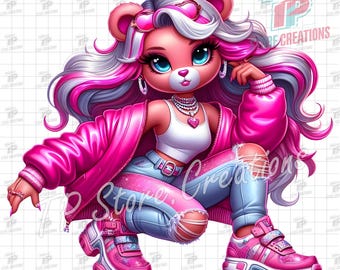 Pink Female Teddy Bear PNG, Cute Pink Teddy Bear Girl PNG, Kawaii Bear, Barbiecore Streetwear Teddy with Curly Hair & Pink Jacket