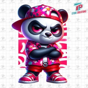Panda genial con gorra roja y camisa floral (PNG), Panda de hip hop (PNG), Dibujos animados de hip hop (PNG), Ropa de verano (PNG), Panda de dibujos animados (PNG)