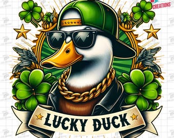 Lucky Duck PNG, Hip Hop Duck with Gold Chain & Clover, St Patricks Day, Kids St Patricks png, Duck Patricks, Patricks Shirt Design PNG