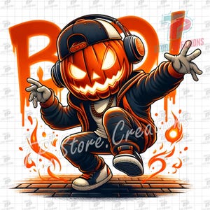 May include: A Halloween illustration featuring a pumpkin-headed figure in a black jacket, cap, and headphones, striking a hip-hop pose. The word "BOO!" is in orange graffiti style. Flames and a brick ground complete the design.