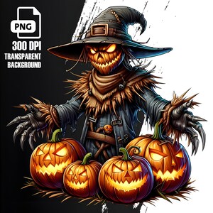 May include: A scary scarecrow with a wide-brimmed hat and glowing eyes, holding four jack-o'-lantern pumpkins with carved faces.