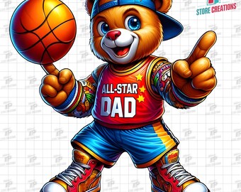 All-Star Dad PNG, Teddy Bear Png with Basketball PNG, Father's Day Png, Father Png, Cartoon Dad Png, Gift for Dad Png, Fathers Day Gift Png