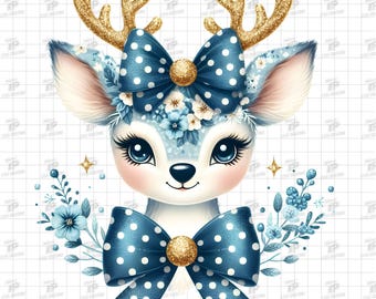 Carino cervo di Natale PNG, cervo floreale blu con fiocchi glitterati, cervo di Natale PNG, clipart cervo, cervo PNG, clipart vacanze invernali, 300 DPI