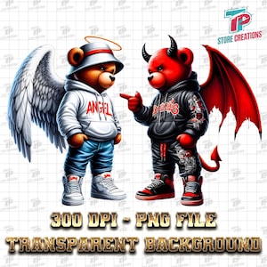 Könnte beinhalten: Digitale Illustration von zwei Teddybären, einem Engel und einem Teufel. Der Engelbär trägt einen weißen Hoodie mit "ANGEL", einen Heiligenschein und Flügel. Der Teufelsbär ist rot mit Hörnern, einem Schwanz und einem schwarzen Hoodie mit "DEVILS".