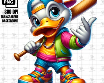 Desenho animado legal de pato com taco de beisebol PNG, Hip Hop Duck Png, Design de sublimação urbana, Camisa de pato streetwear, Fundo transparente, 300 DPI