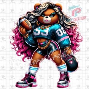 Glam Football Cheerleader Bär PNG, wilder weiblicher Teddybär Png, Cartoon Bär Png, Spieltag Fußball PNG für Shirt-Design, digitaler Download