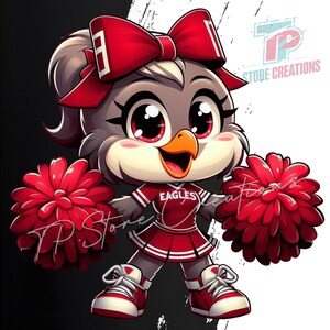 Puede incluir: Ilustraci&oacute;n de dibujos animados de una animadora b&uacute;ho con uniforme rojo y blanco con la palabra "EAGLES". El b&uacute;ho tiene un lazo rojo, pompones y zapatillas. El fondo es blanco y negro. Incluye el texto "TP Store Creations".