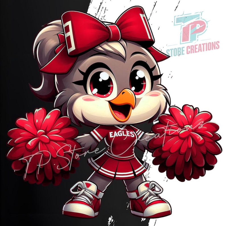 Puede incluir: Ilustraci&oacute;n de dibujos animados de una animadora b&uacute;ho con uniforme rojo y blanco con la palabra "EAGLES". El b&uacute;ho tiene un lazo rojo, pompones y zapatillas. El fondo es blanco y negro. Incluye el texto "TP Store Creations".