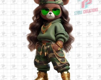 Orsacchiotto femmina PNG, Orsacchiotto femmina PNG, Orsacchiotto hip hop mimetico PNG, Orsacchiotto urbano mimetico PNG, Orsacchiotto streetwear PNG, Orsacchiotto graffiti