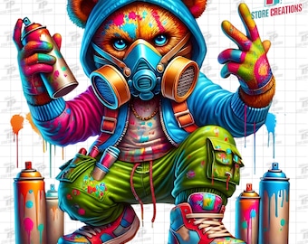 Graffiti Bear PNG, Graffiti Hip Hop Teddy Bear PNG - Teddy Bear in Mask & Sneakers with Spray Paint, Urban Bear Png, Bear Painting, Bear Art