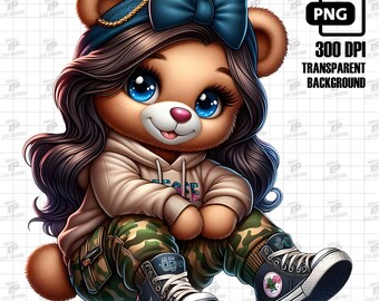 Cute Girl Teddy Bear PNG, Teddy Bear in Hoodie and Sneakers, Female Teddy Bear, Cartoon Teddy Bear, Sublimation Design, Digital Download