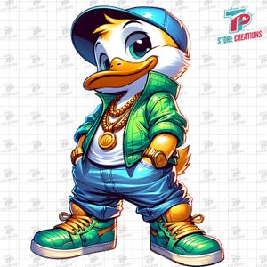 Op de afbeelding: Een cartoon eend die een groen en wit geruit jasje draagt, een blauwe spijkerbroek en een blauwe baseballpet. De eend heeft een gouden ketting met een gouden hanger. De eend draagt groene en gele sneakers.