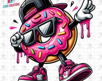 Hip Hop Donut PNG with with Dripping Icing & Sunglasses, Cool Donut Streetwear PNG, Hip Hop Cartoon Donut Clipart, Urban Donut Character PNG