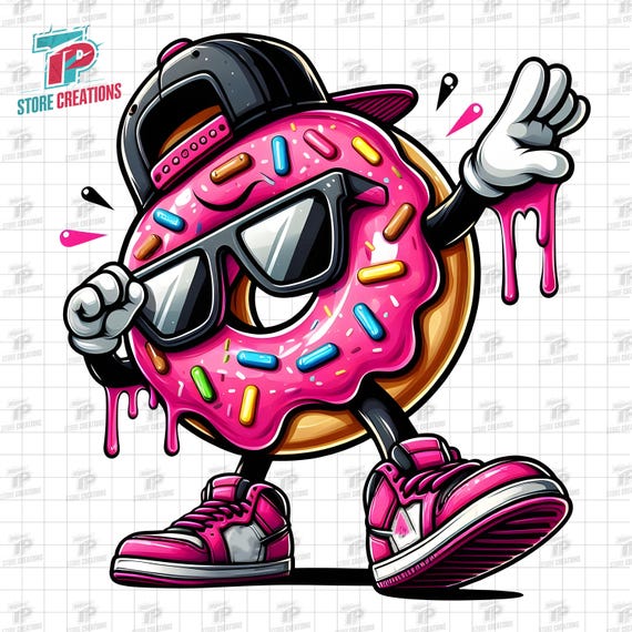 Hip Hop Donut PNG with with Dripping Icing & Sunglasses, Cool Donut Streetwear PNG, Hip Hop Cartoon Donut Clipart, Urban Donut Character PNG