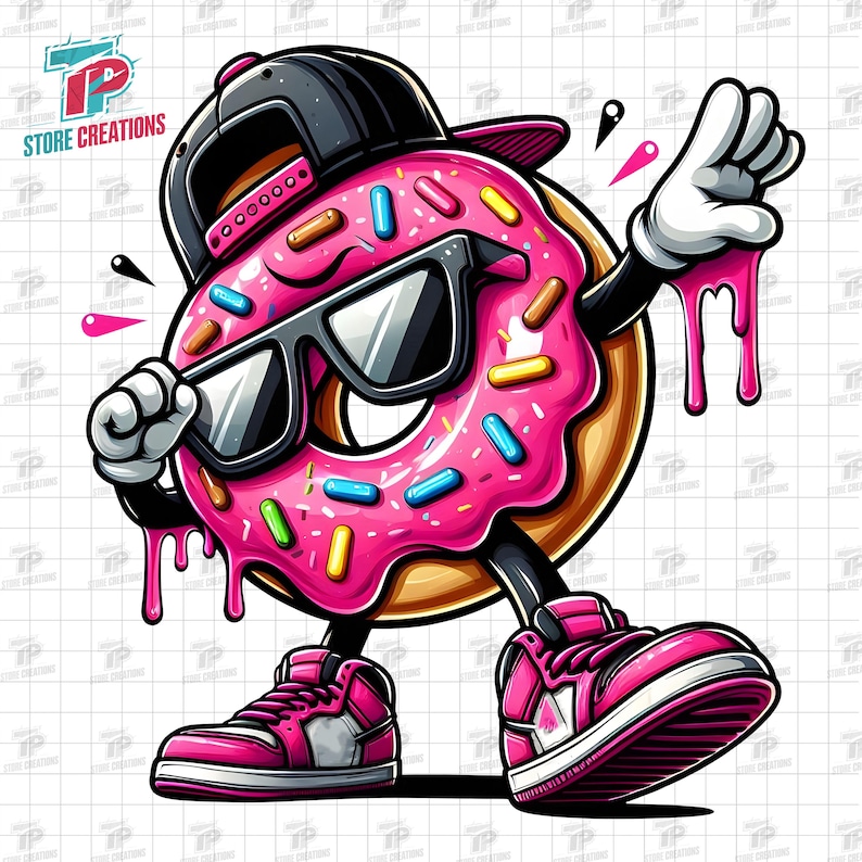 May include: A pink and brown donut wearing a black baseball cap, sunglasses, and pink sneakers. The donut is dripping pink frosting and has colorful sprinkles.