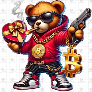May include: A cartoon illustration of a brown bear wearing sunglasses, a red hoodie, and black jeans. The bear is smoking a cigar and holding a heart-shaped gift box and a gun. A gold Bitcoin pendant and Bitcoin symbol are also featured.