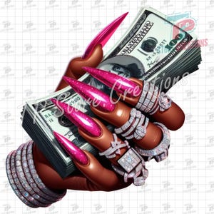 Black Women Hand Holding Money PNG, Money Stack Clipart, Cash Money Sublimation, Female Hand with Pink Nails, Diamond Rings & Stack of Cash