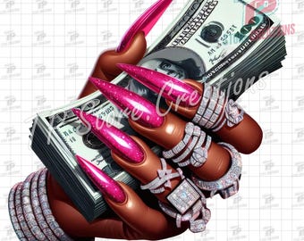 Black Women Hand Holding Money PNG, Money Stack Clipart, Cash Money Sublimation, Female Hand with Pink Nails, Diamond Rings & Stack of Cash
