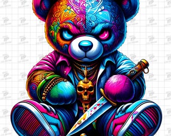Horror Teddy Bear Png, Graffiti Teddy Bear, Psychedelic Teddy Bear with Skull Necklace and Knife Digital PNG - Vibrant and Edgy Bear Design