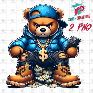 Gangsterbeer, png | Hiphopteddybeer, png-bestand met dollarketting | Gangsta-beer png | Urban Streetwear-clipart voor T-shirts, digitale projecten