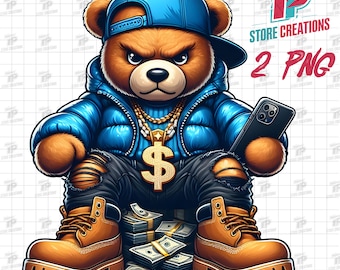 Gangster Bear PNG | Hip Hop Teddy Bear PNG with Dollar Chain | Gangsta Bear Png | Urban Streetwear Clipart for T-Shirts, Digital Projects