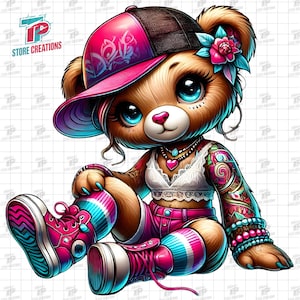 Female Hip Hop Teddy Bear PNG – Cute Urban Bear Girl in Cap, Tattoos & Sneakers, Gangster Teddy Bear Girl Png, Streetwear Cartoon Clipart