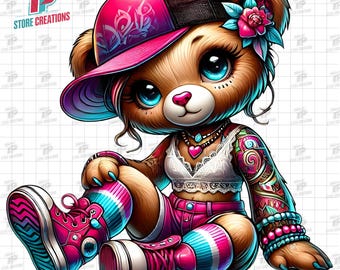 Female Hip Hop Teddy Bear PNG – Cute Urban Bear Girl in Cap, Tattoos & Sneakers, Gangster Teddy Bear Girl Png, Streetwear Cartoon Clipart