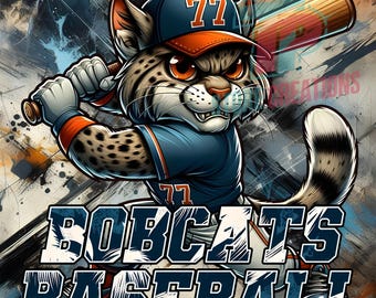 Wildcats / Bobcats Baseball PNG Digital File, Aggressive Team Mascot Art with Bat, High School Mascot, Sports Animal Logo for School Teams