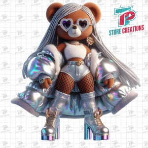 May include: A brown teddy bear wearing heart-shaped sunglasses, a white crop top, and silver shorts. The bear is styled with long silver hair, a silver jacket, and platform boots. The image includes the text "TP STORE CREATIONS".