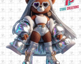 Girl Teddy Bear - Silver Diva Bear PNG, Glam Bear Girl PNG in Futuristic Outfit & Diamond Shades, Jacket, Platform Boots, Urban Glam Bear