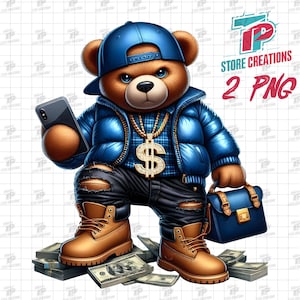 Gangsta Teddy Bear Png, Graffiti Bear Png, Hip Hop Teddy Bear, Gangsta Cartoon Clipart, Money Bear Png, Streetwear Bear with Dollar Chain