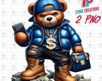 Gangsta Teddy Bear Png, Graffiti Bear Png, Hip Hop Teddy Bear, Gangsta Cartoon Clipart, Money Bear Png, Streetwear Bear with Dollar Chain