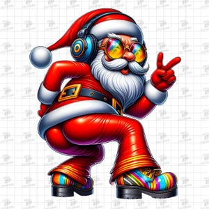 Groovy Santa Claus Digital Art PNG - Funky Christmas Design with Rainbow Boots & Headphones for Sublimation, T-Shirts, and Crafts