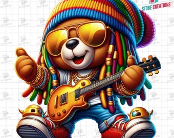 Osito de reggae con gafas de sol y guitarra - Arte PNG único, Osito de hip hop PNG, Grafiti de osito de peluche, Arte hip hop urbano, Osito de peluche PNG