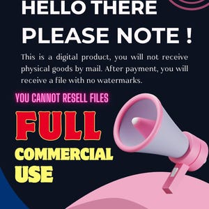 May include: A digital product announcement with the text "NO REFUNDS," "HELLO THERE," and "PLEASE NOTE!" A pink megaphone graphic is featured. The text states it's a digital product, no physical goods, and no reselling of files. "FULL COMMERCIAL USE" is also displayed.