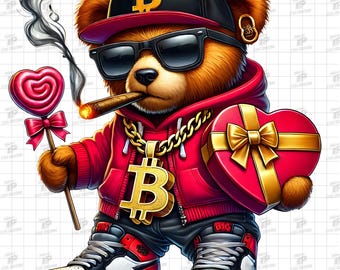 Valentine Teddy Bear Png, Urban Valentine Png, Heart Box Png, Valentine's Day Png, Red Teddy Bear Png, Gangster Bear with Heart Box, Cigar