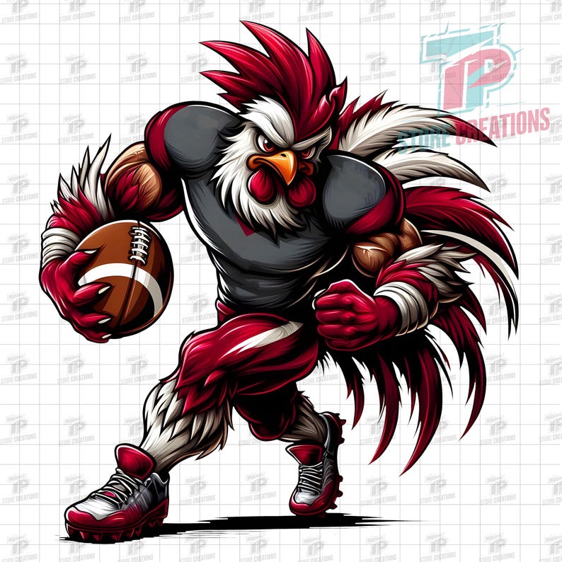 May include: A muscular rooster mascot in a football uniform, holding a brown football. The rooster is primarily red, white, and gray, with a determined expression. The image is a digital illustration with a sports theme.