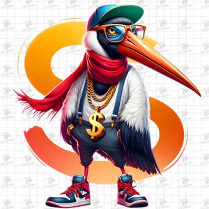 Urban Ibis PNG, Hip Hop Ibis Clipart, Urban Hip Hop Style, Ibis with Gold Dollar, Graffiti art, 3D style, Vivid Colors, Cartoon Ibis Png