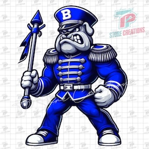 Peut inclure: Illustration de dessin animé d'un bouledogue portant un uniforme et un chapeau militaires bleus avec une ceinture et des gants blancs. Le bouledogue tient un bâton avec un ruban bleu. La lettre "B" est sur le chapeau. Le texte "TP STORE CREATIONS" est sur l'image.