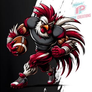 May include: A muscular rooster-like figure in a football uniform, holding a football. The character is predominantly red, white, and gray, with a determined expression. The background is split black and white with the text "TP Store Creations".