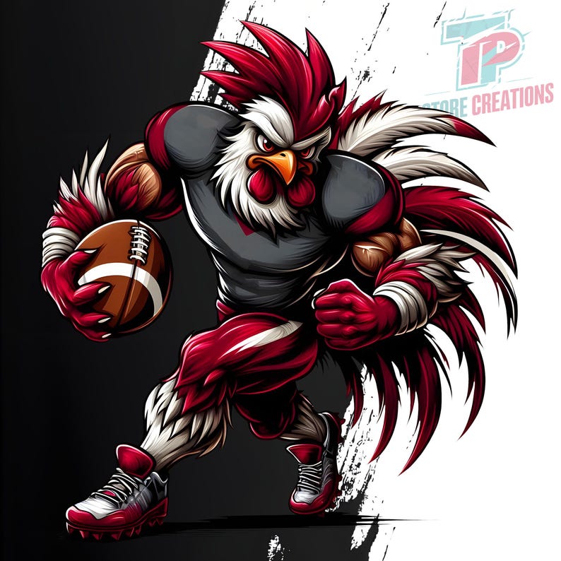 May include: A muscular rooster-like figure in a football uniform, holding a football. The character is predominantly red, white, and gray, with a determined expression. The background is split black and white with the text "TP Store Creations".