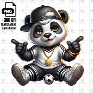 Panda futbolista genial PNG: lindo panda de hip hop con gorra, archivo de arte digital, clipart de personaje deportivo de panda, fondo transparente, 300 DPI
