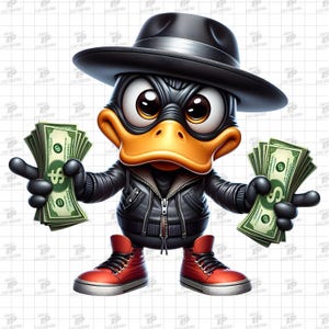 Cartoon Gangster Duck Holding Money, Silly Duck Png, Funny Duck Png, Hip Hop Style Art for T-Shirts, Stickers, Sublimation Designs Png File