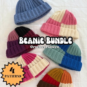 May include: A crochet beanie bundle pattern featuring four different beanie designs. The beanies are in various colours, including blue, pink, purple, green, brown, and white. The text "BEANIE BUNDLE Crochet Pattern" is displayed in the centre of the image. The number "4" is displayed in a yellow starburst with the text "PATTERNS" below it.
