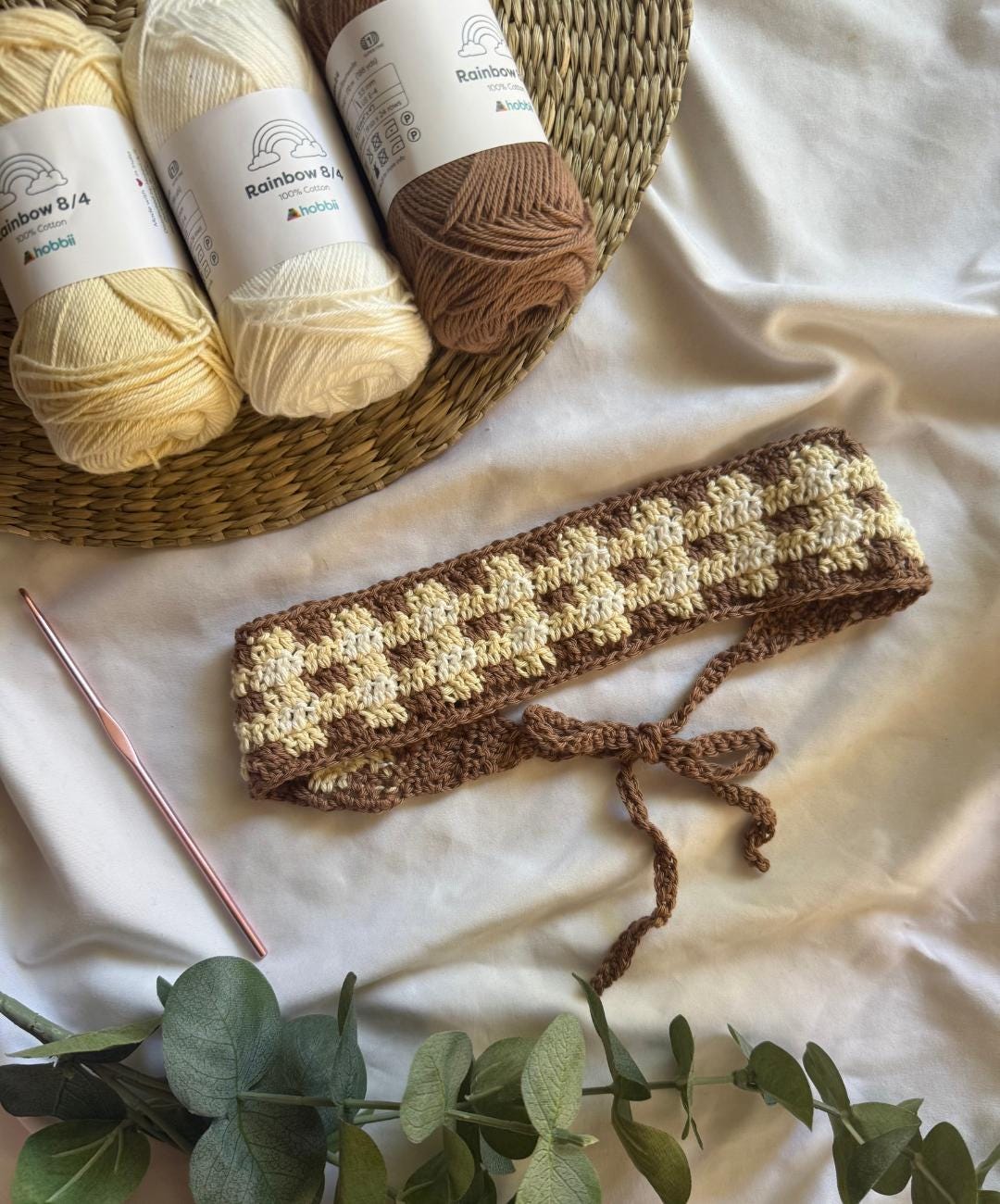 Bandeau Foulard Cheveux Rigide - Cordon Malléable - Motif Vichy Beige Et Blanc