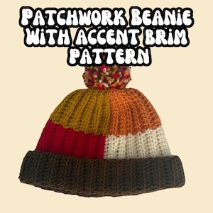 May include: A colorful patchwork beanie with a brown brim and a multi-colored pom pom on top. The beanie is made of crocheted yarn in shades of red, orange, yellow, and white.