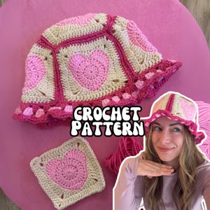 Patrón de gorro de pescador a crochet / Gorro de pescador con forma de corazón / Cuadrado de abuela / Apto para principiantes / PDF / Fácil / con gráfico de puntadas / Regalo para San Valentín