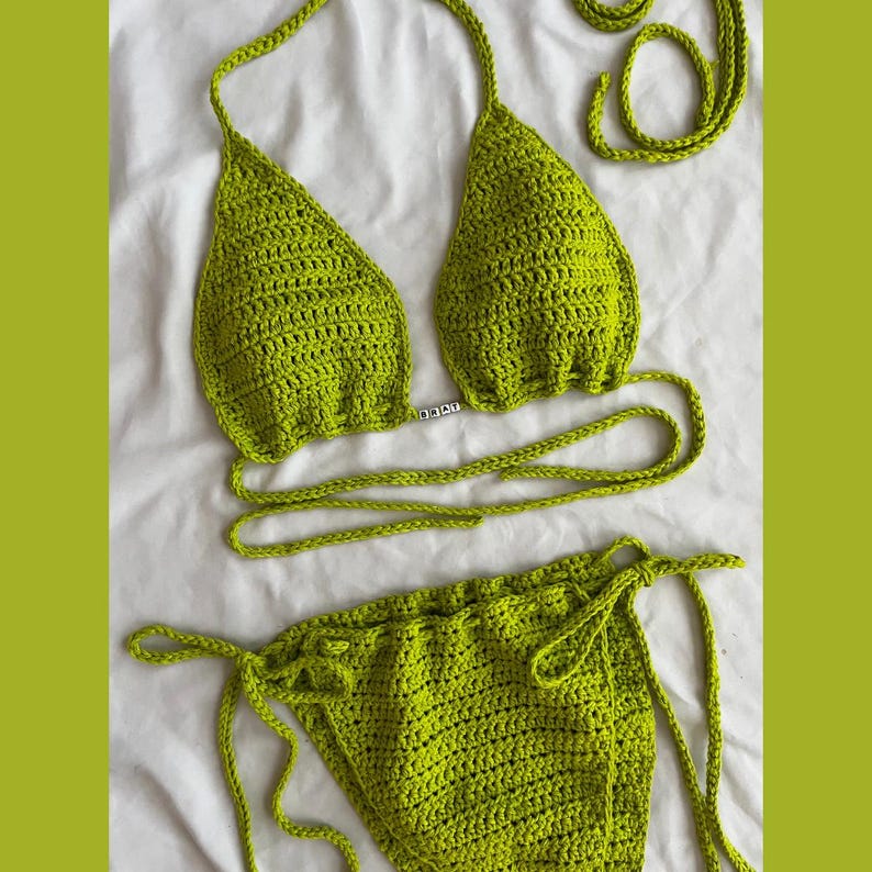 May include: A lime green crochet bikini set with adjustable straps. The top is a triangle style and the bottom is a high-cut style.